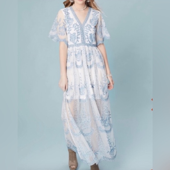 Altar'd State Dresses & Skirts - Altar’d State - Embroidered Lace Maxi Dress - Light Blue & White - L